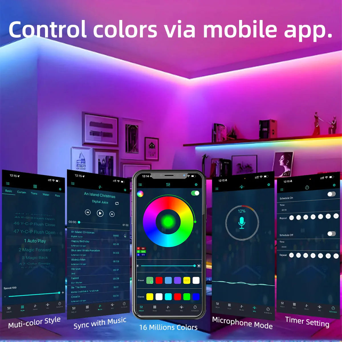 5M Colorful Gradient LED Light Strip with App & Remote