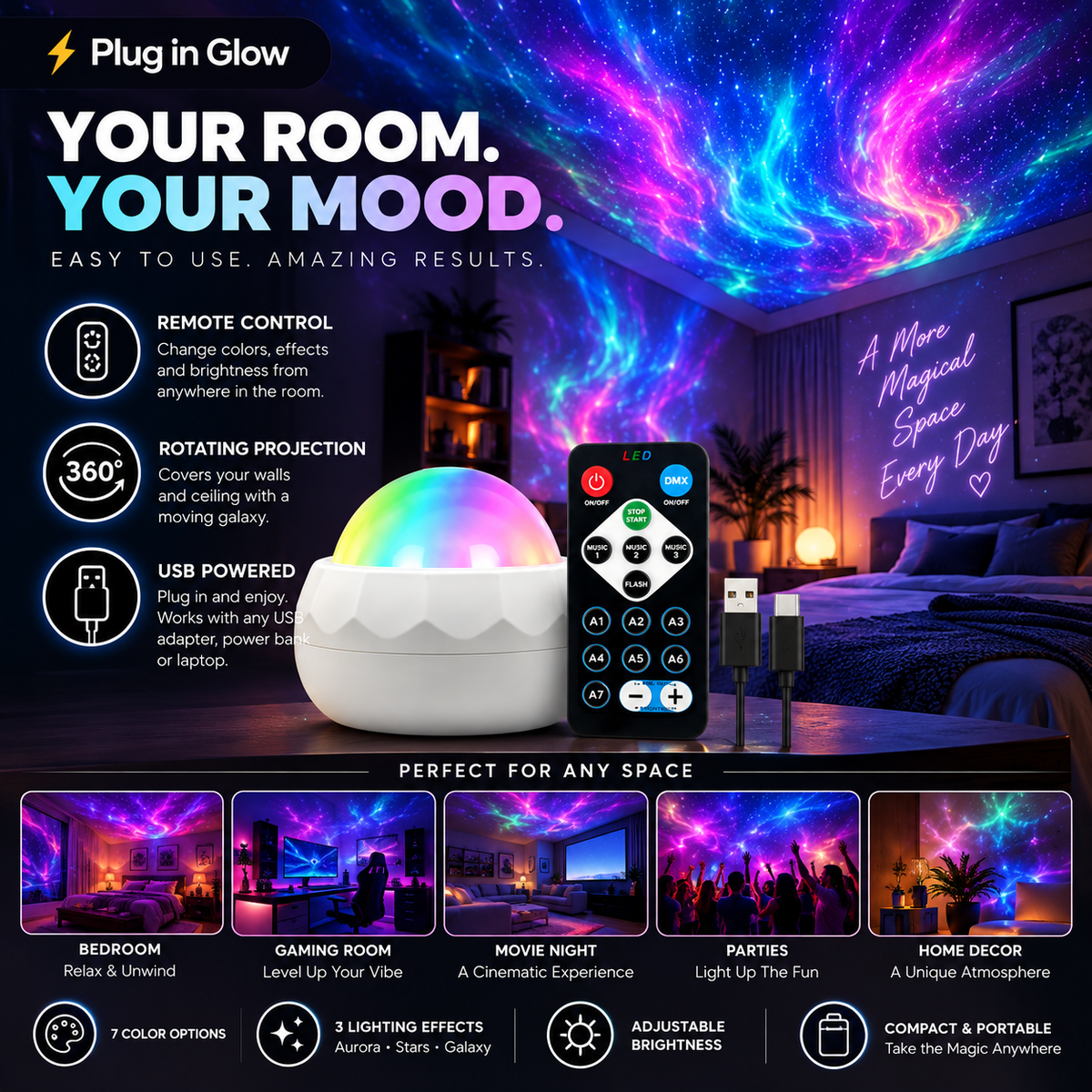 Aurora Galaxy Projector Light with Remote | Plug In Glow